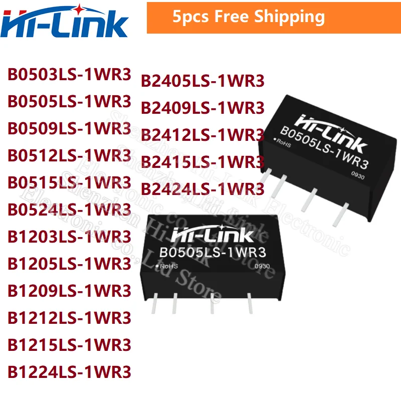 Hi-Link DCDC  , B0505LS-1WR3, B0509LS, B0512LS, B0515LS, 1W, 5V-5V, 9V, 12V, 15V, 24V, 1500VDC, 5 
